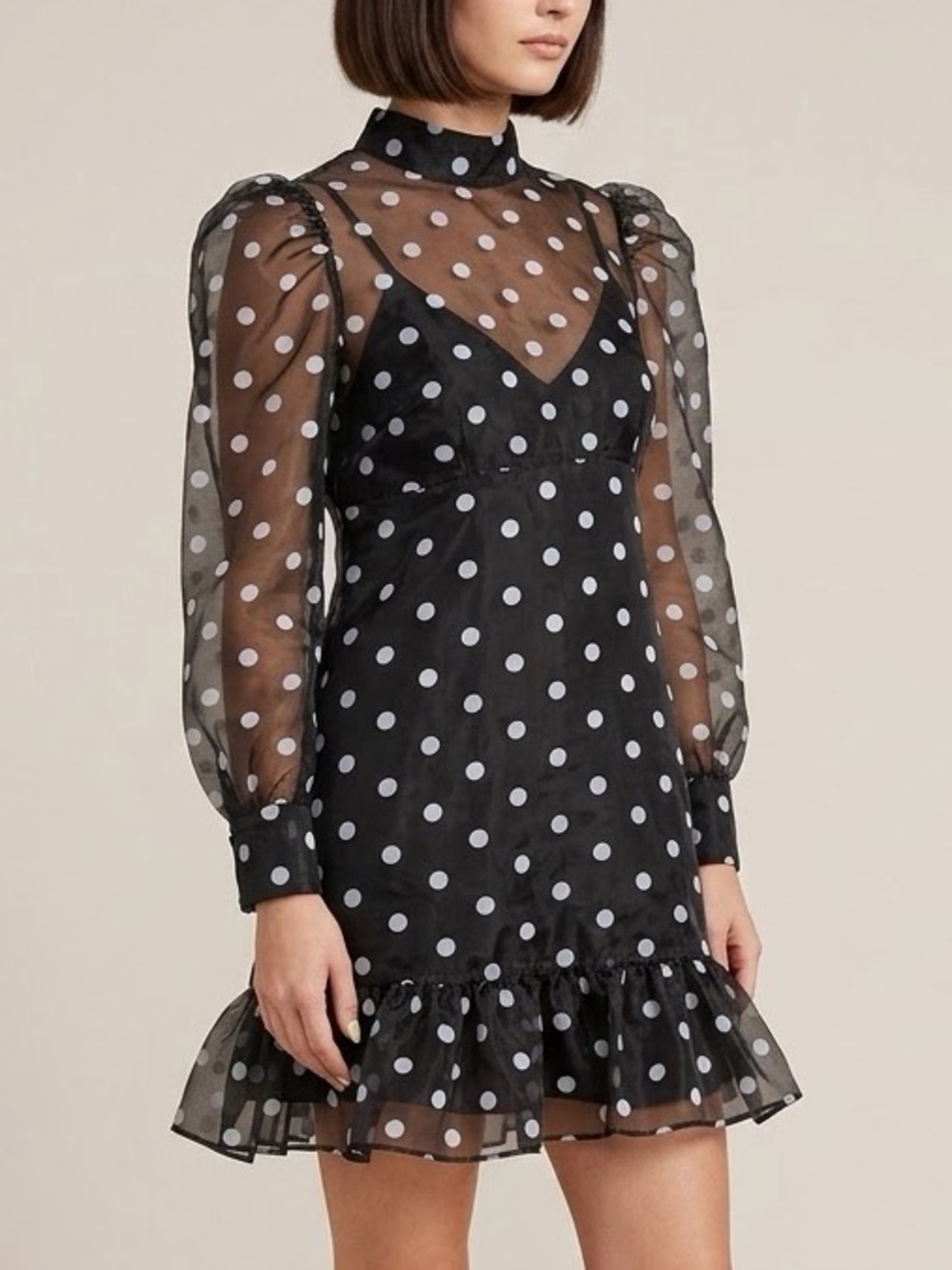 LIKELY Rorra Polka Dot Puff Sleeve Sheer Organza Mini Dress Black White 2 NWT